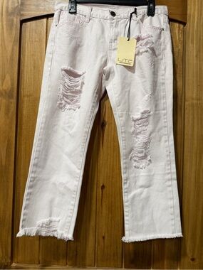 🎈Back to School: Litz Women's/Juniors Cropped Distressed Jeans - Pale Pink